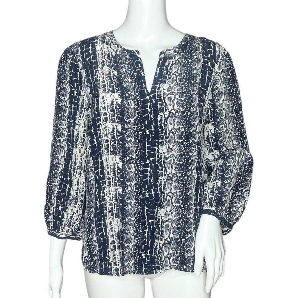 Talbots Women's Blouse Navy Blue White Snake Print 3/4 Sleeve 100% Silk Size 12